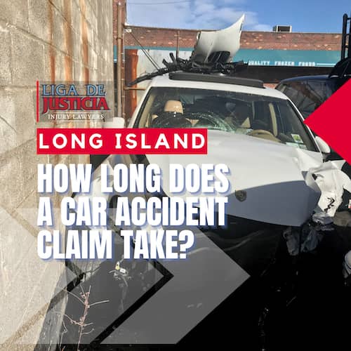 How long does it take to settle a car accident claim in Long Island or NYC? Front-end damage of a car crushed between two brick walls in Long Island, a real Liga De Justicia Injury Lawyers client accident photo